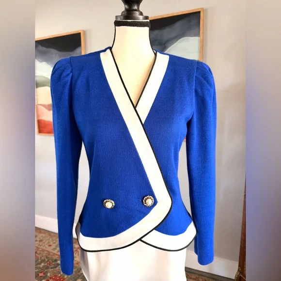 Leslie Fay Blue and White Knit Jacket - Picture 6 of 8